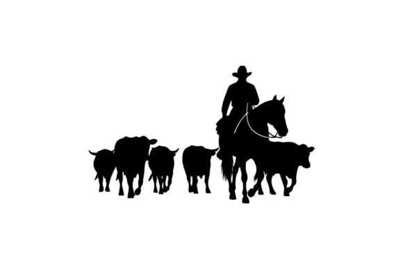 Cowboy Herding Cattle on Horseback in Silhouette